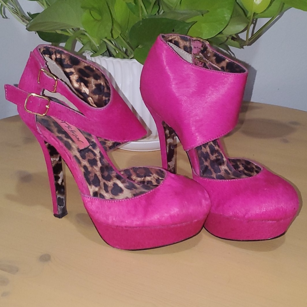 Betsey Johnson Vise cow hair platform heels.